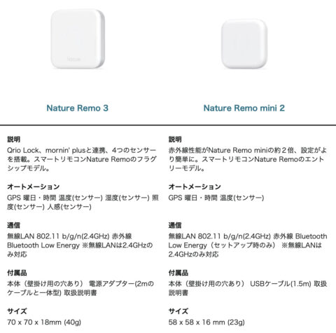 Nature Remo 3とNature Remo mini 2比較表
